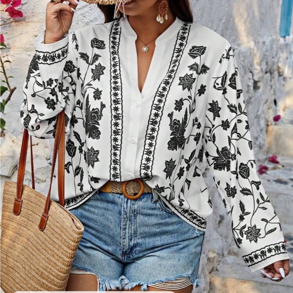 Boho Plus Size Floral Paisley Print Button Down Shirt Top Blouse - Picture 11 of 12